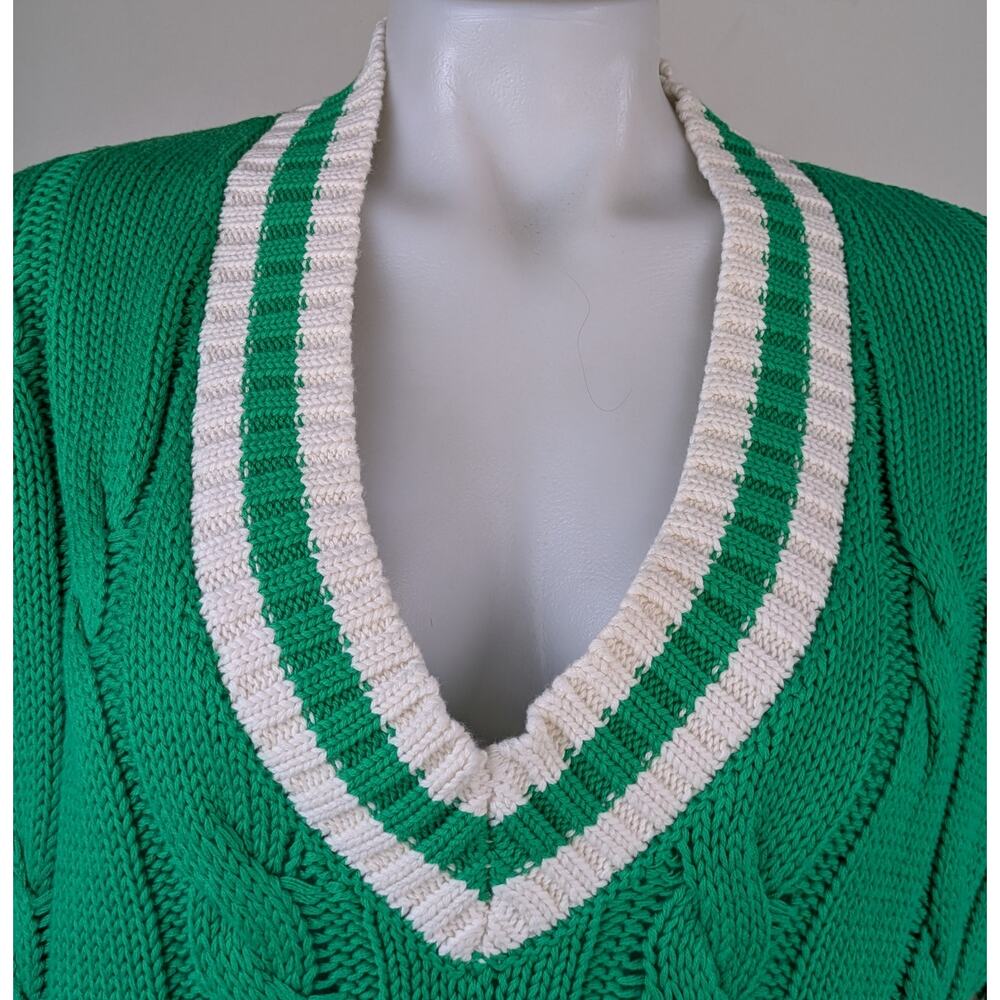 Aerie Cable Knit Sweater Medium Green White Striped V Neck Varsity Oversized - Picture 3 of 10